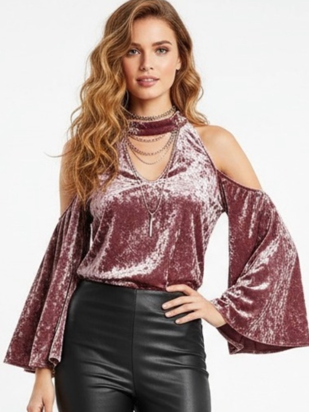 American Eagle Pink Crushed Velvet High Neck Cold Shoulder Bell Sleeve Blouse XL